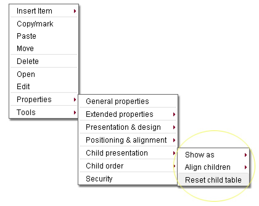 Content management - Child presentation and alignment menu