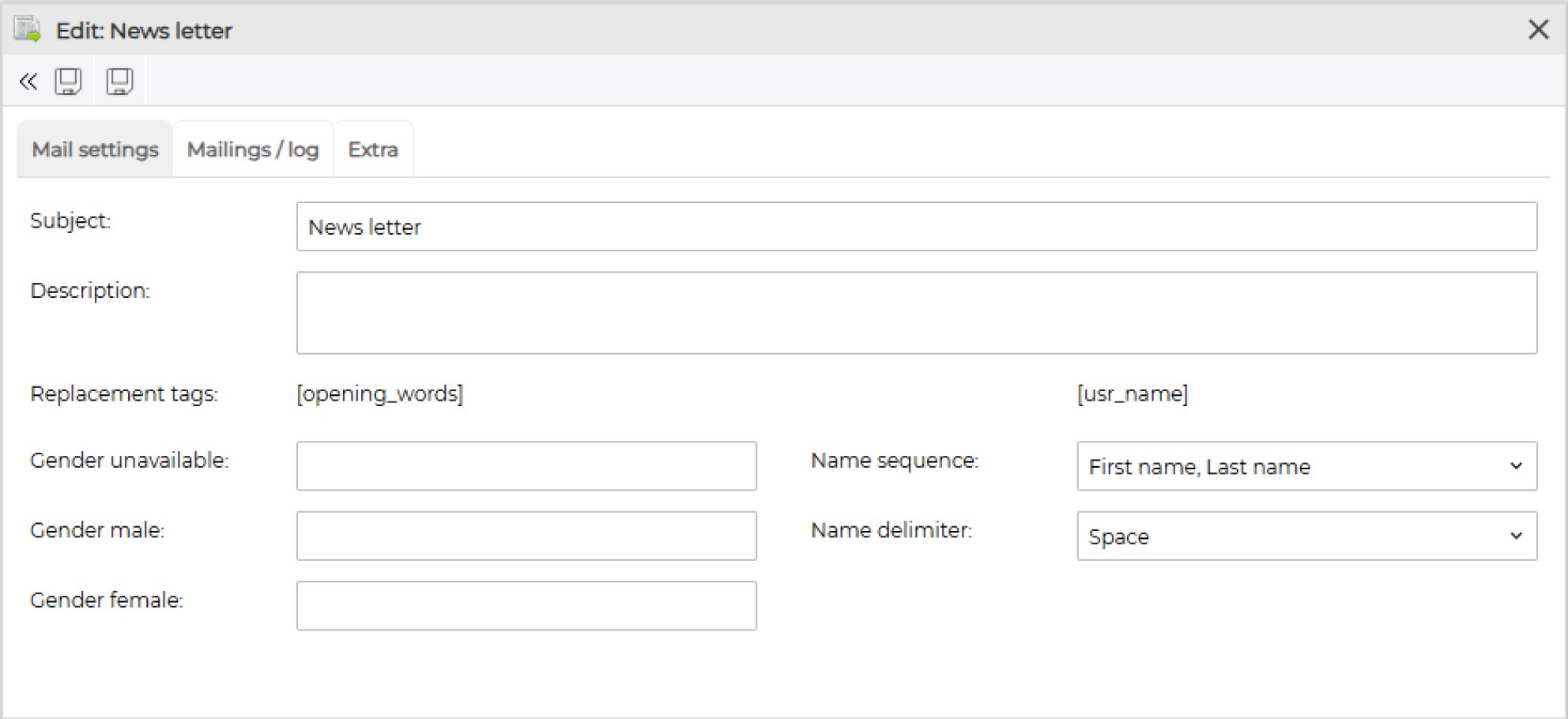Mail document settings window