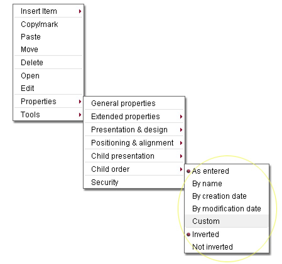 Content management - Child order menu