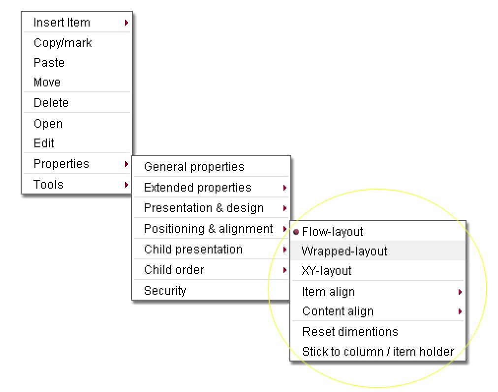 Content management - Item positioning and alignment menu