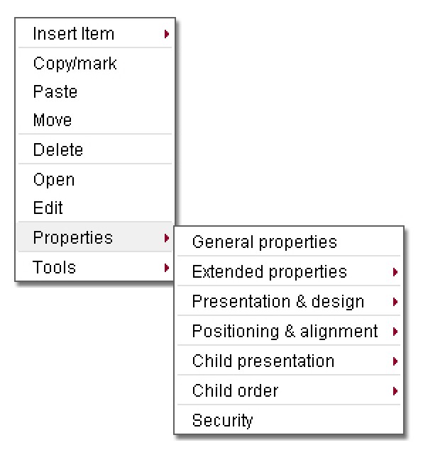 Content management - Item properties menu