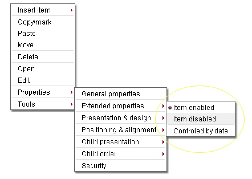 Item extended properties menu