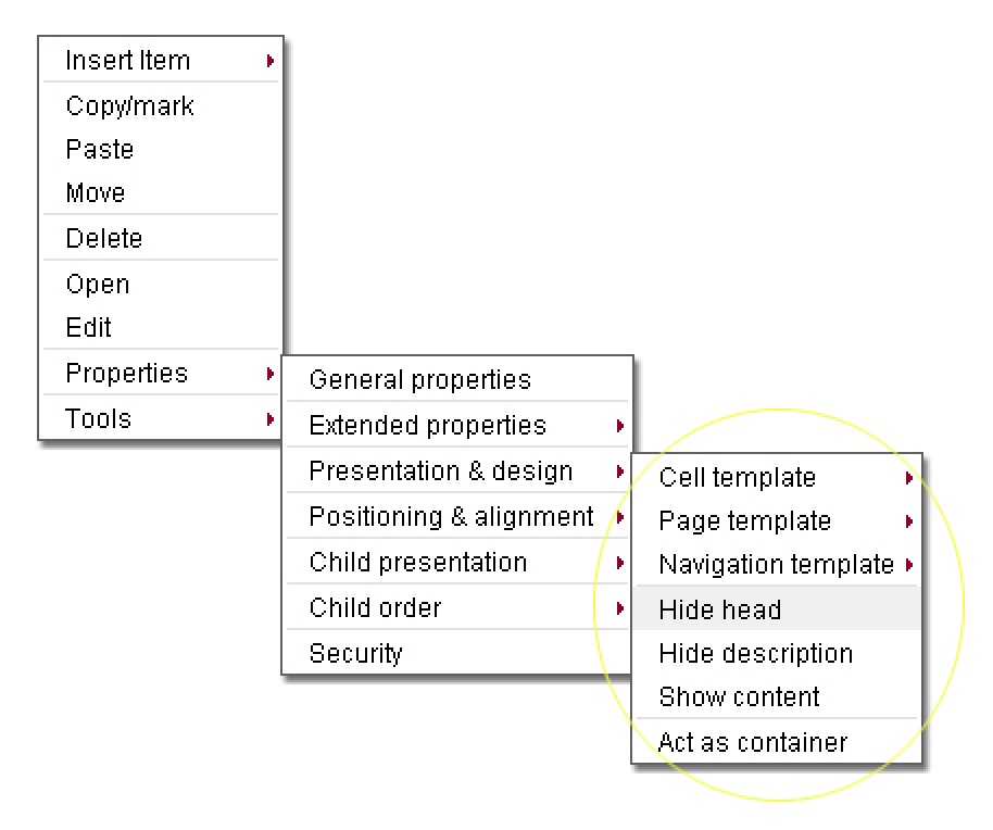 Presentation and design properties menu