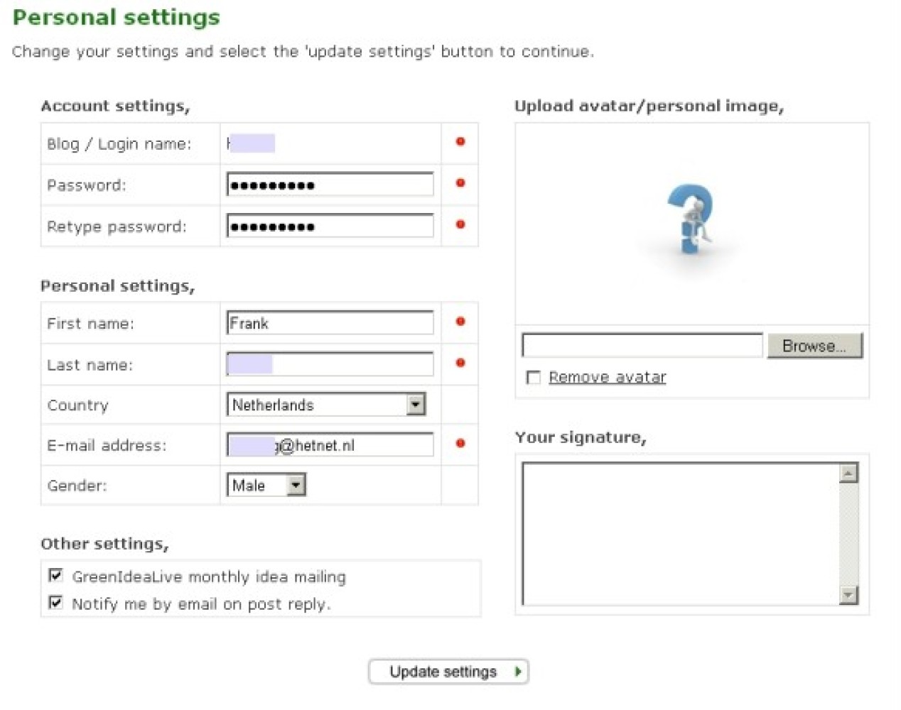 User settings component